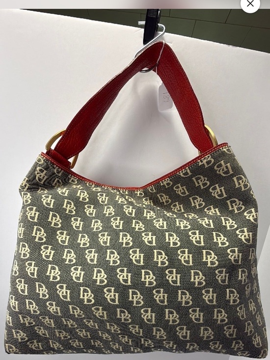 Dooney & Bourke Handbags - Dooney & Bourke Vintage Monogram Canvas Hobo Bag with Red Leather Trim